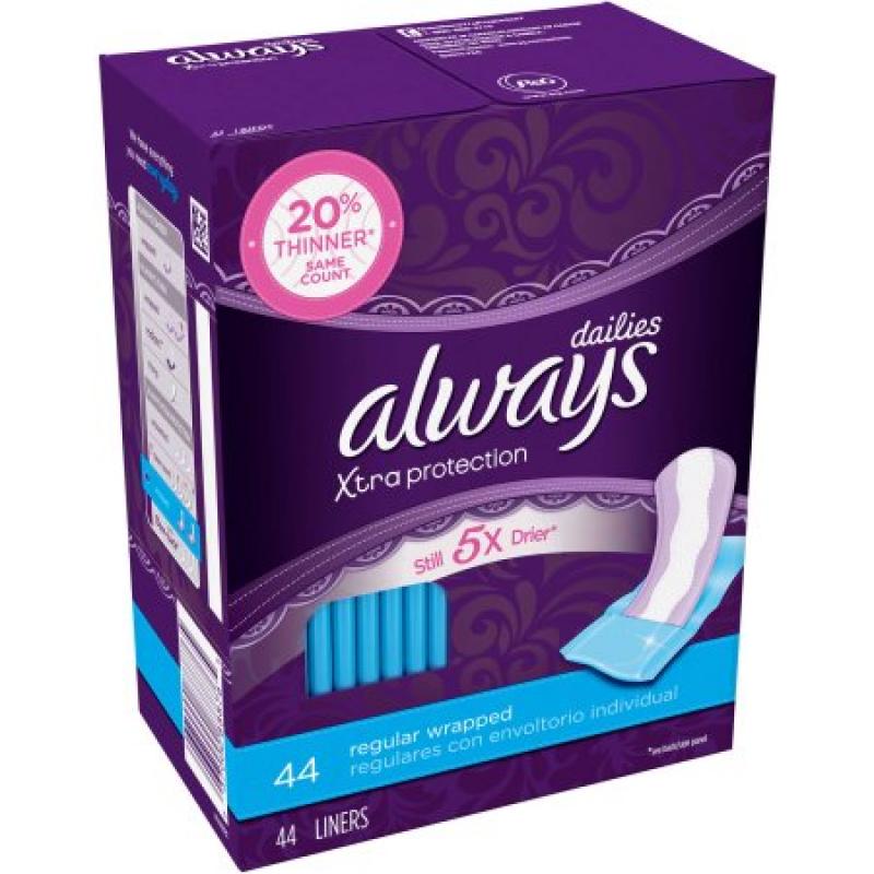 Always Dailies Xtra Protection Wrapped Regular Liners, 44 count