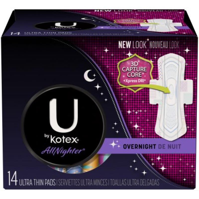 U by Kotex AllNighter Ultra Thin Overnight Pads with Wings, Unscented, 14 Count