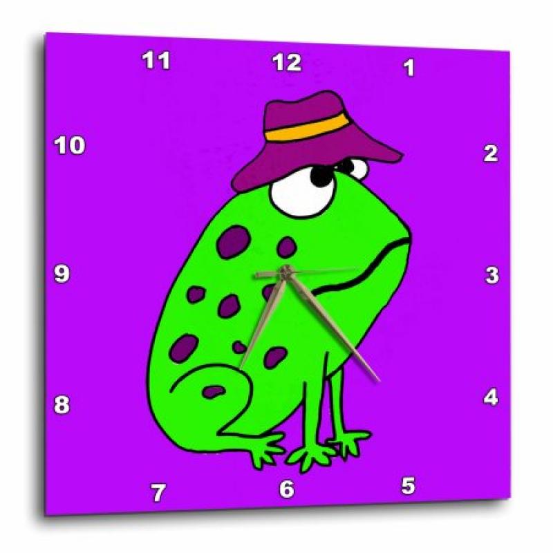 3dRose Funky Green Frog Wearing Purple Hat, Wall Clock, 10 by 10-inch