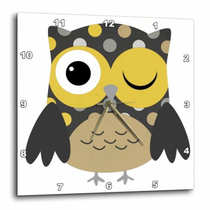 3dRose Cute Yellow Polka Dot Owl, Wall Clock, 15 by 15-inch