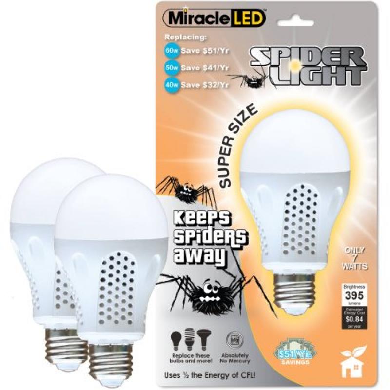 Miracle LED 7W Super Spider, Chemical Free "Pests dont like it" Porch and Patio Light Bulb, Yellow, 2-Pack