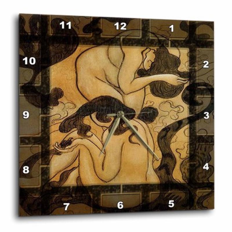 3dRose Bathing - Women, bathing, washing, bathroom, bathroom art, brown, cats, Wall Clock, 15 by 15-inch
