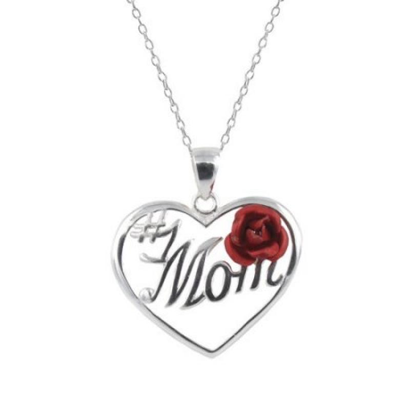 Sterling Silver "#1 Mom" with Rose Heart Pendant, 18"