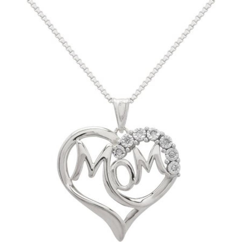 Diamond Accent Sterling Silver "Mom" in Heart Pendant, 18"