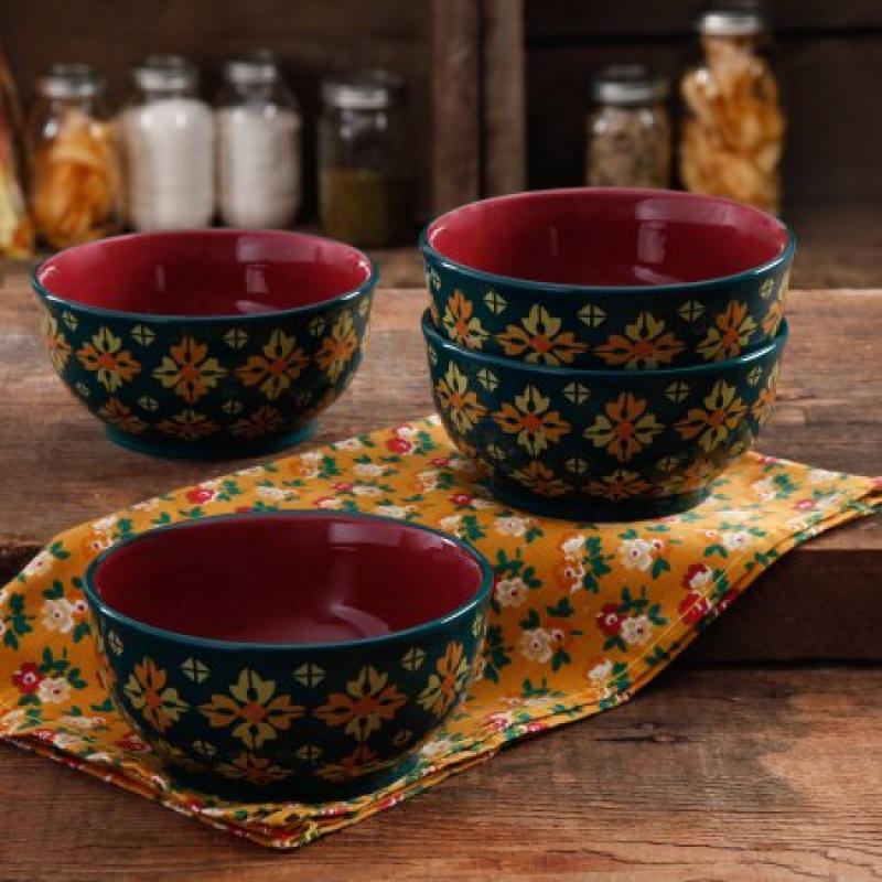 The Pioneer Woman Vintage Geo Teal 6" Non-Footed Bowl Set, 4-Pack