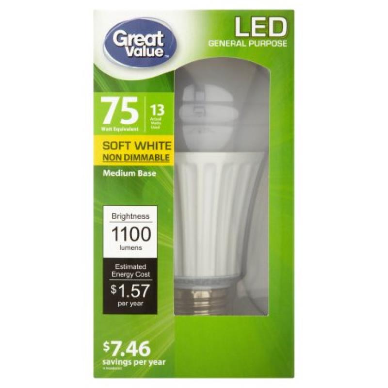 Great Value LED Light Bulb 13W (75W Equivalent) A19 (E26), Soft White