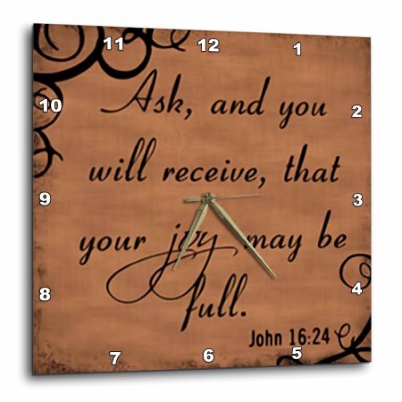 3dRose Bible Verse John 16-24 Brown Background Bible Christian Inspirational Saying, Wall Clock, 13 by 13-inch