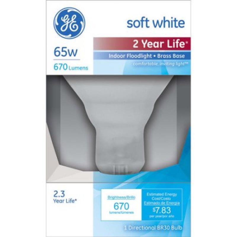 GE 65 watt Soft White BR30 Indoor Incandescent Flood, 2 year Life, 1 Pack
