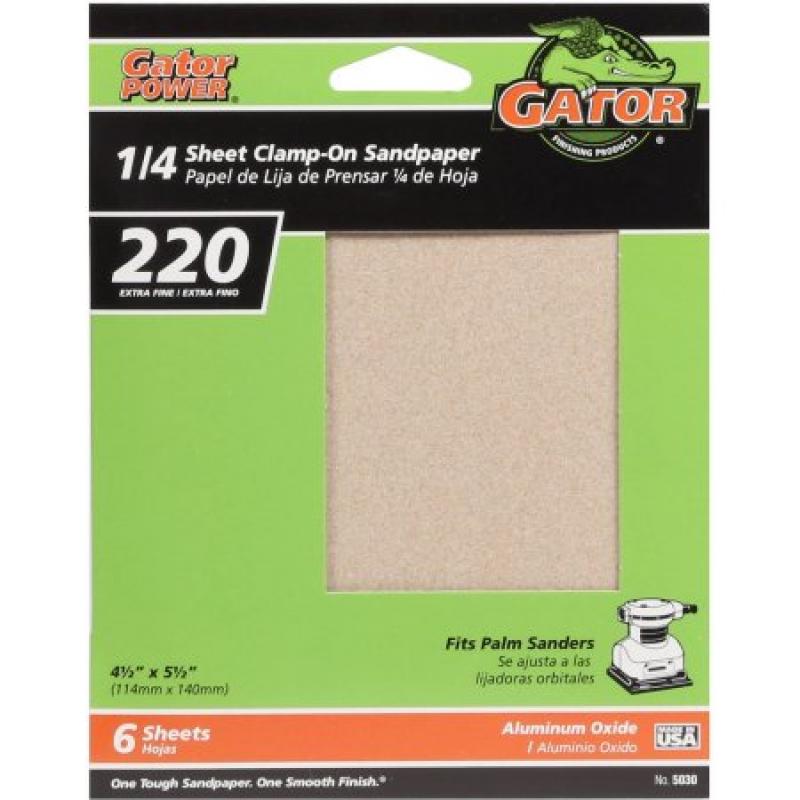 Gator Grit 4.5" x 5.5" 1/4 Sheet Clamp-On Sandpaper, 220G, 6pk