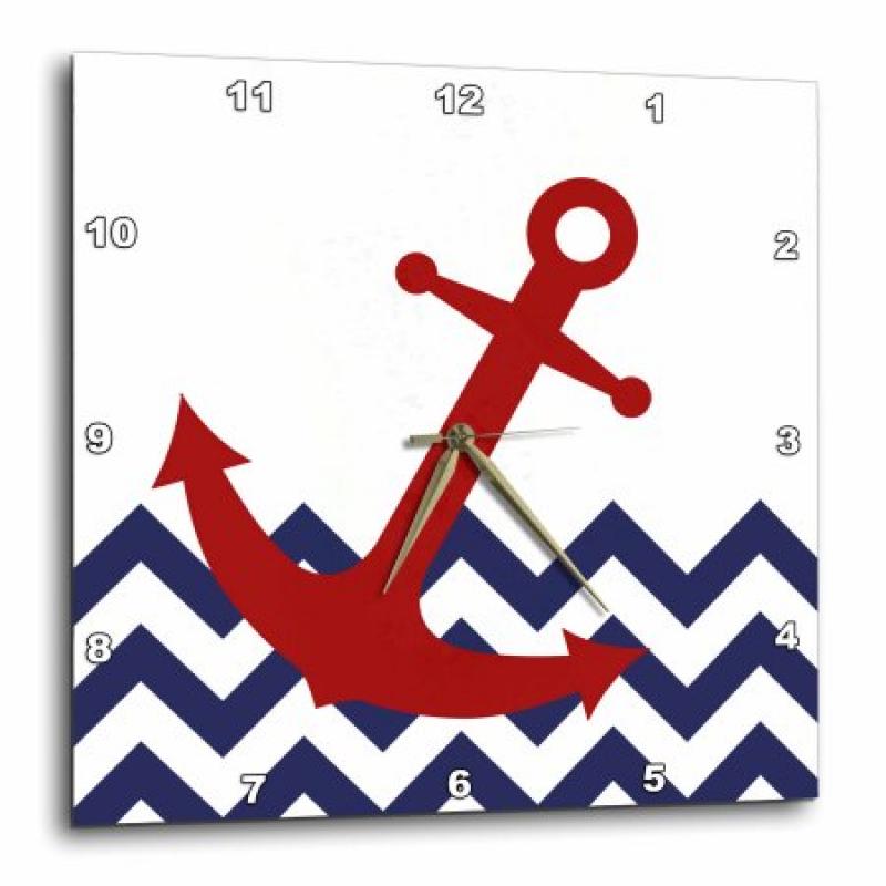 3dRose Red Nautical Boat Anchor on Chevron Pattern, Wall Clock, 15 by 15-inch