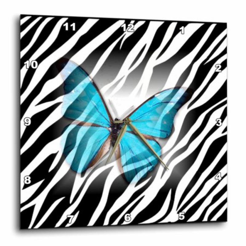 3dRose Turquoise Butterfly On Zebra , Wall Clock, 13 by 13-inch
