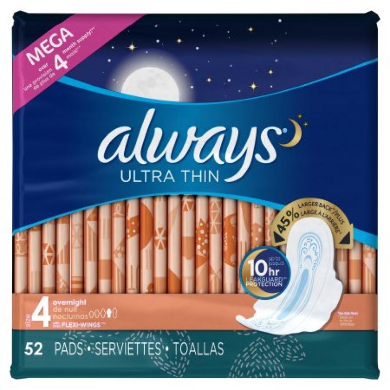 Always Ultra Thin Size 4 Overnight Pads With Wings, Unscented, 52 count