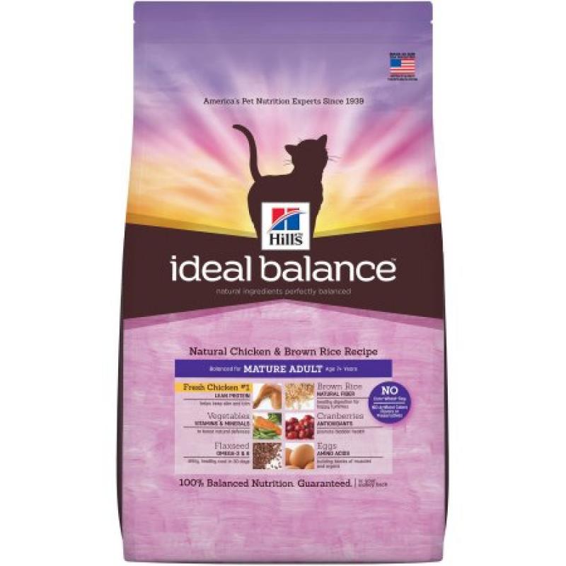 Hill&#039;s Ideal Balance Mature Adult Natural Chicken and Brown Rice Recipe Dry Cat Food, 15 lb Bag