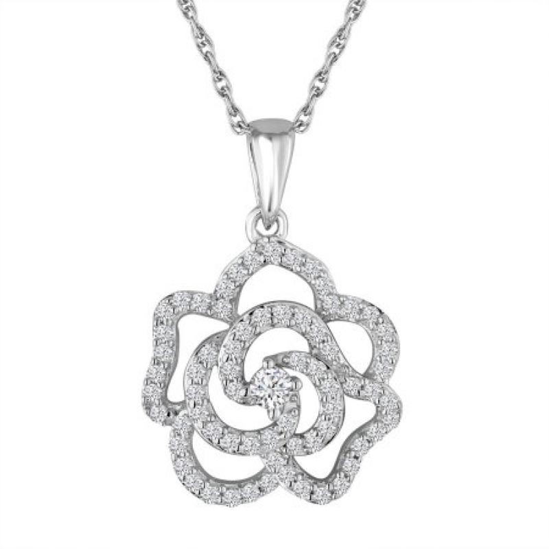 Simulated Diamond Sterling Silver Rose Pendant, 18"