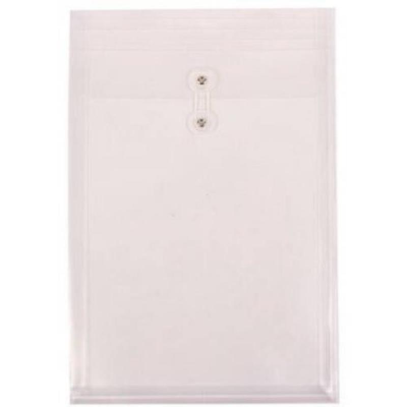 JAM Paper Legal Size 10-1/4" x 14-1/2" Plastic Open End Envelopes with Button and String Closure, Clear, 12-Pack