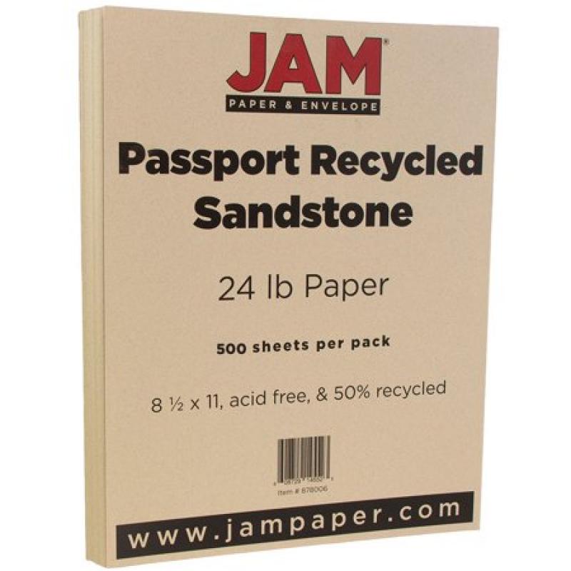 JAM Paper Recycled Paper, 8.5 x 11, 24 lb Sandstone Passport, 500 Sheets/Ream