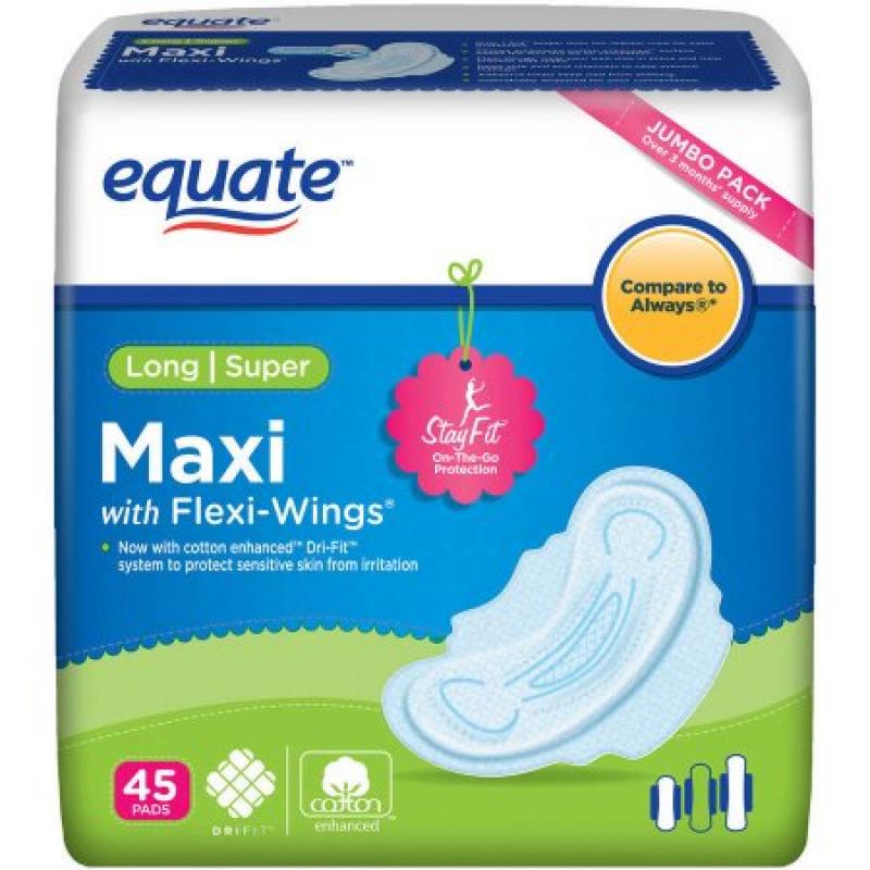 Equate Maxi Pads Long Super with Wings, 45 count