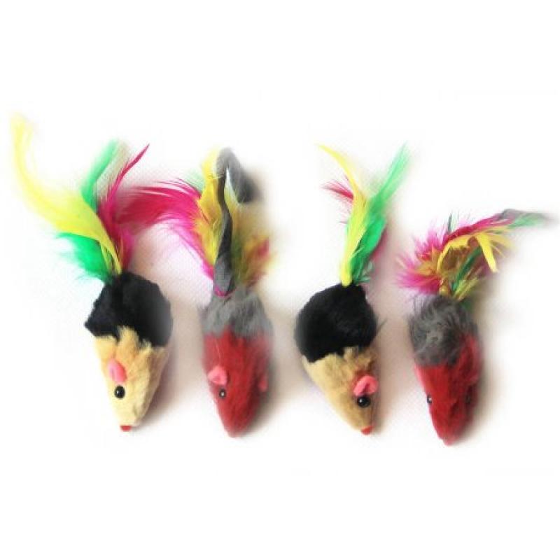 6-Pack 2-Tone Short Hair Fur Mice with Feather Tail, Assorted, 24 Pieces
