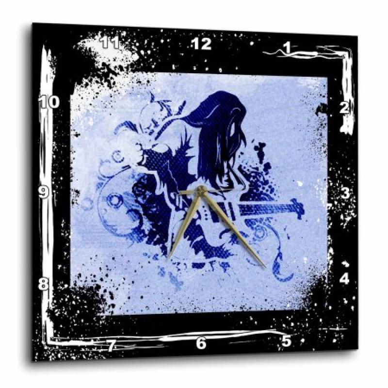 3dRose Rock and roll guitar player art with grunge frame and highlights, Wall Clock, 15 by 15-inch