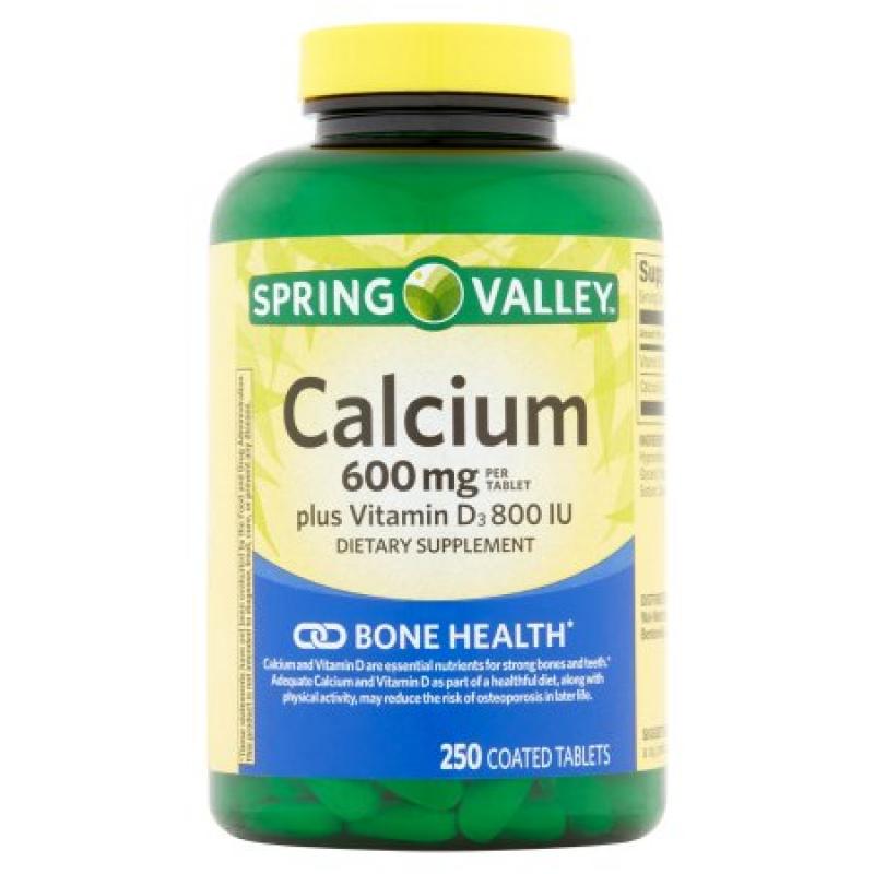 Spring Valley Natural Easy to Swallow 600 mg With Vitamin D Bone Health Calcium Dietary Supplement, 250 ct