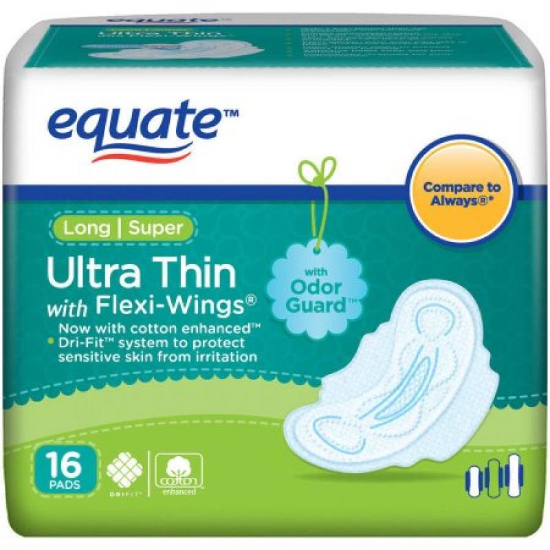 Equate Ultra Thin Pads Long Super with Wings, 16 count
