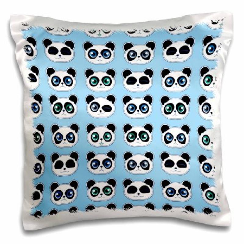 3dRose Cute Panda Expressions Pattern Blue, Pillow Case, 16 by 16-inch
