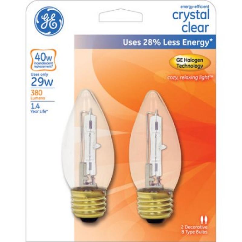 GE 29W Energy-Efficient Decorative Blunt Tip Regular Base Clear Bulb, 2-Pack, 40W Equivalent