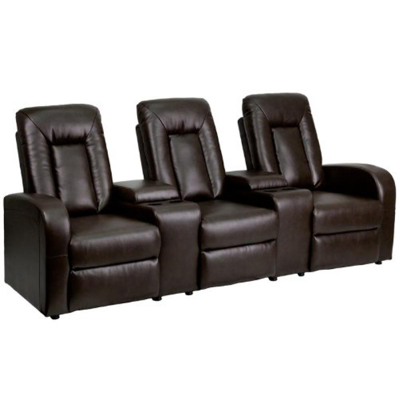 Flash Furniture 3-Seat Brown Leather Home Theater Recliner with Storage Console