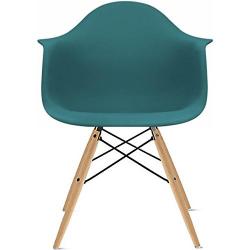 2xhome - Set of Two (2) Teal - Eames Style Armchair Natural Wood Legs Eiffel Dining Room Chair - Arm Chair Arms Chairs Seats Wooden Wood Leg Dowel Leg Legged Base Molded Plastic - blue-green color