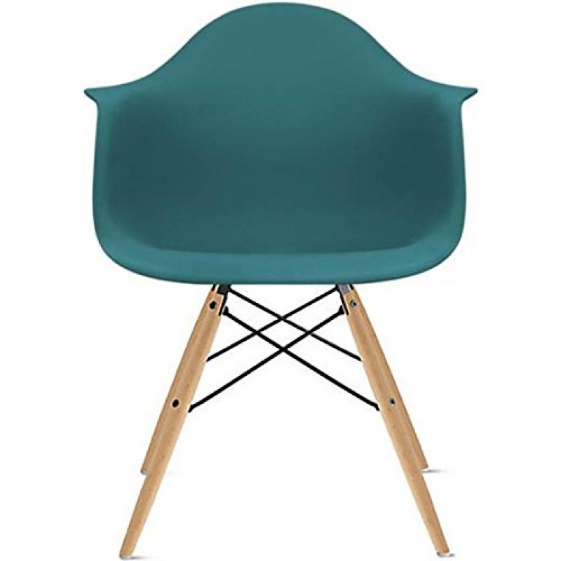 2xhome - Set of Two (2) Teal - Eames Style Armchair Natural Wood Legs Eiffel Dining Room Chair - Arm Chair Arms Chairs Seats Wooden Wood Leg Dowel Leg Legged Base Molded Plastic - blue-green color