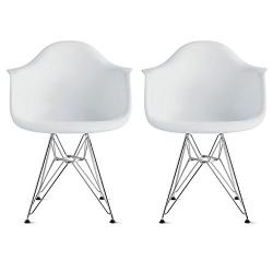 2xhome - Set of Two (2) White - Eames Style Armchair Wire Legs Eiffel Dining Room Chair - Lounge Chair Arm Chair Arms Chairs Seats Wooden Wood Leg Wire Leg Dowel Leg Legged Base