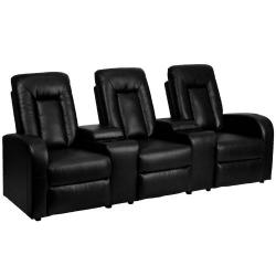 Flash Furniture 3-Seat Black Leather Home Theater Recliner with Storage Consoles