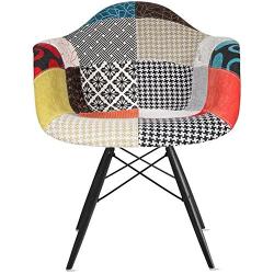 2xhome - Set of Two (2) - Multi-color – Modern Upholstered Eames Style Armchair Fabric Chair Patchwork Multi-pattern Dark Black Wood Wooden Leg Eiffel Dining Room Chair
