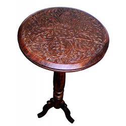 Cotton Craft - Jaipur Solid Wood Handcrafted Carved Folding Accent Coffee Table - Choose from Antique Brown & Antique White - 18 Inch Round Top x 18 Inch High (Antique Brown)