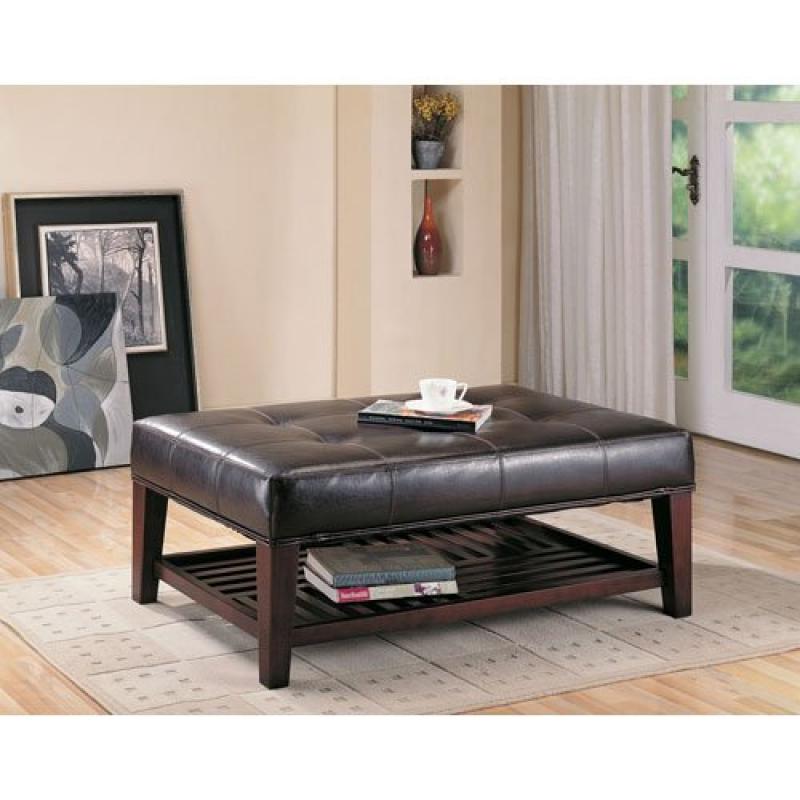 Coaster Ottoman with Open Shelf & Tufted Top Dark Brown Leather Like