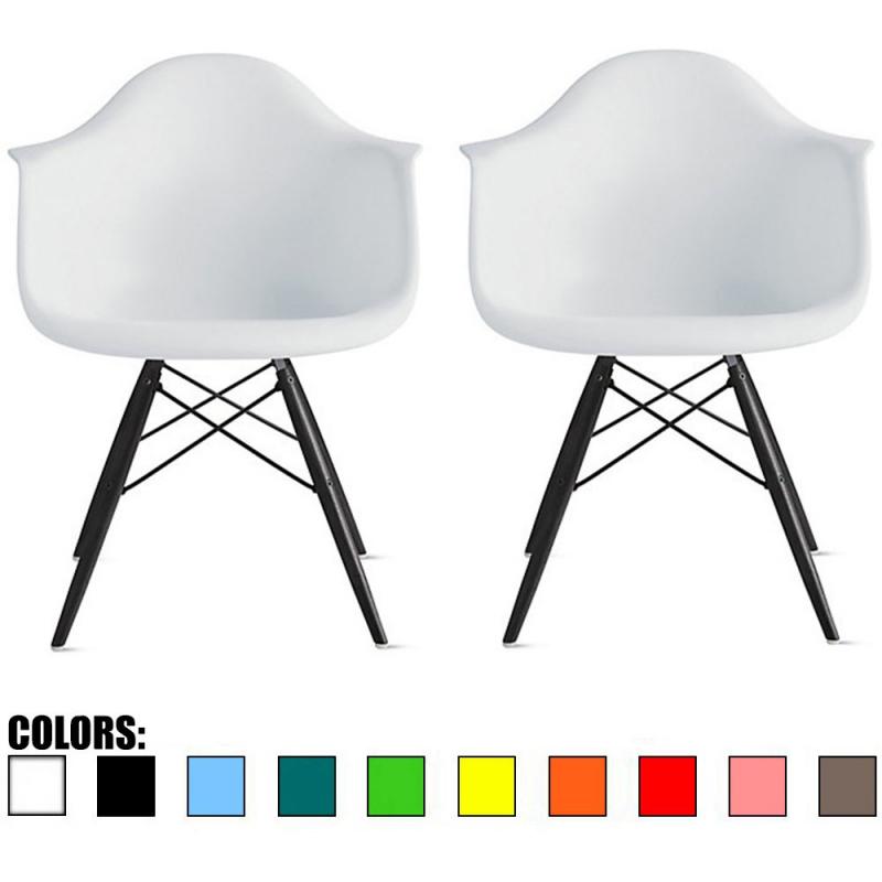 2xhome - Set of Two (2) White - Eames Style Armchair Black Wood Legs Eiffel Dining Room Chair - Lounge Chair Arm Chair Arms Chairs Seats Wooden Wood Leg Wire Leg Dowel Leg