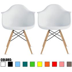 2xhome - Set of Two (2) White - Eames Style Armchair Natural Wood Legs Eiffel Dining Room Chair - Lounge Chair Arm Chair Arms Chairs Seats Wooden Wood Leg Wire Leg