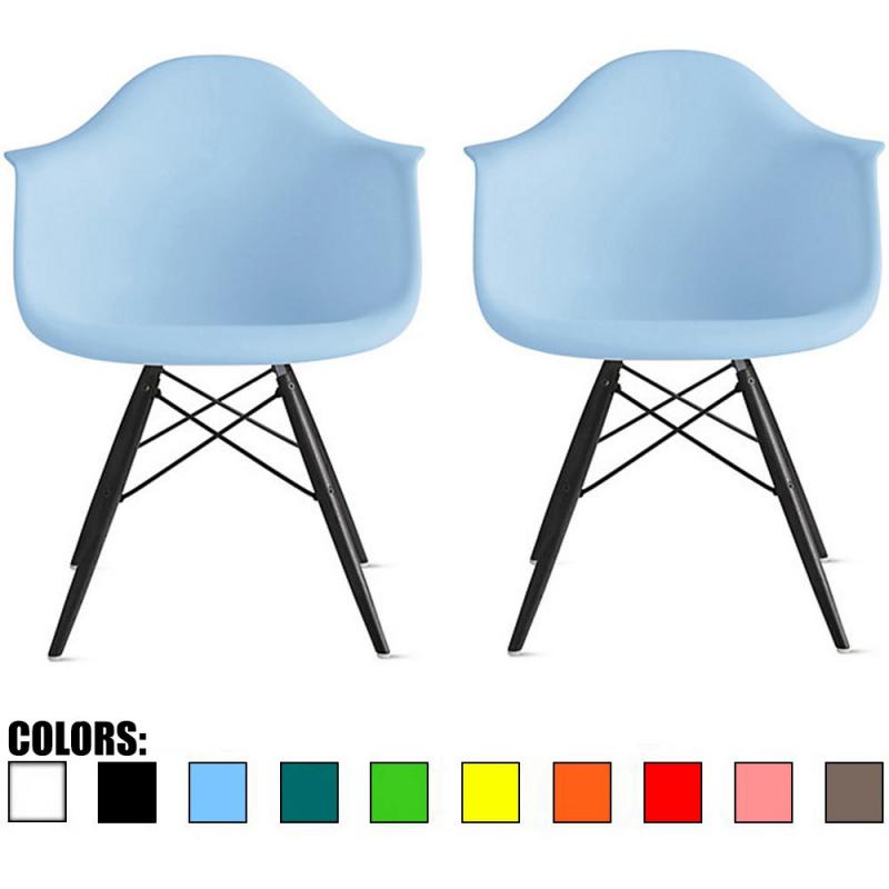2xhome - Set of Two (2) Blue - Eames Style Armchair Black Wood Legs Eiffel Dining Room Chair - Lounge Chair Arm Chair Arms Chairs Seats Wooden Wood Leg Wire Leg Dowel Leg