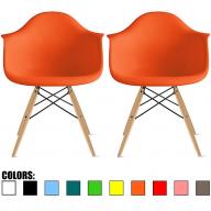 2xhome - Set of Two (2) Orange - Eames Style Armchair Natural Wood Legs Eiffel Dining Room Chair Arm Chair Arms Chairs Seats Wooden Leg Wire Leg Dowel Leg Base Molded Plastic