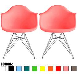 2xhome - Set of Two (2) Pink - Eames Armchair Wire Legs Eiffel Dining Room Chair Arm Chair Arms Chairs Seats Dowel Leg Base Molded Plastic