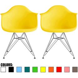 2xhome - Set of Two (2) Yellow - Eames Chair Armchair Wire Legs Eiffel Dining Room Chair Arm Arms Chairs Seats Dowel Leg Base Molded Plastic