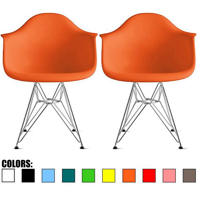 2xhome - Set of Two (2) Orange - Eames Style Armchair Wire Legs Eiffel Dining Room Chair Arm Chair Arms Chairs Seats Wooden Wood Leg Wire Leg Dowel Leg Base Chrome Metal Eiffel Molded Plastic