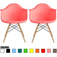 2xhome - Set of Two (2) Pink - Eames Chair Armchair Natural Wood Legs Eiffel Dining Room Chair - Arm Chair Arms Chairs Seats Wooden Wood Leg Dowel Leg Legged Base Molded Plastic