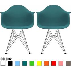 2xhome - Set of Two (2) Teal - Eames Armchair Wire Legs Eiffel Dining Room Chair Arm Chair Arms Chairs Seats Dowel Leg Base Molded Plastic