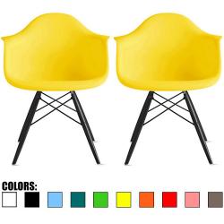 2xhome - Set of Two (2) Yellow - Eames Chair Armchair Black Wood Legs Eiffel Dining Room Chair Arm Chair Arms Chairs Seats Wooden Wood Leg Dowel Leg Legged Base Molded Plastic