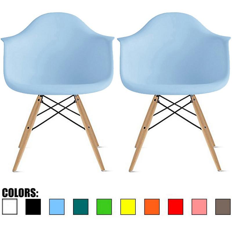 2xhome - Set of Two (2) Blue - Eames Style Armchair Natural Wood Legs Eiffel Dining Room Chair - Lounge Chair Arm Chair Arms Chairs Seats Wooden Wood Leg Wire Leg