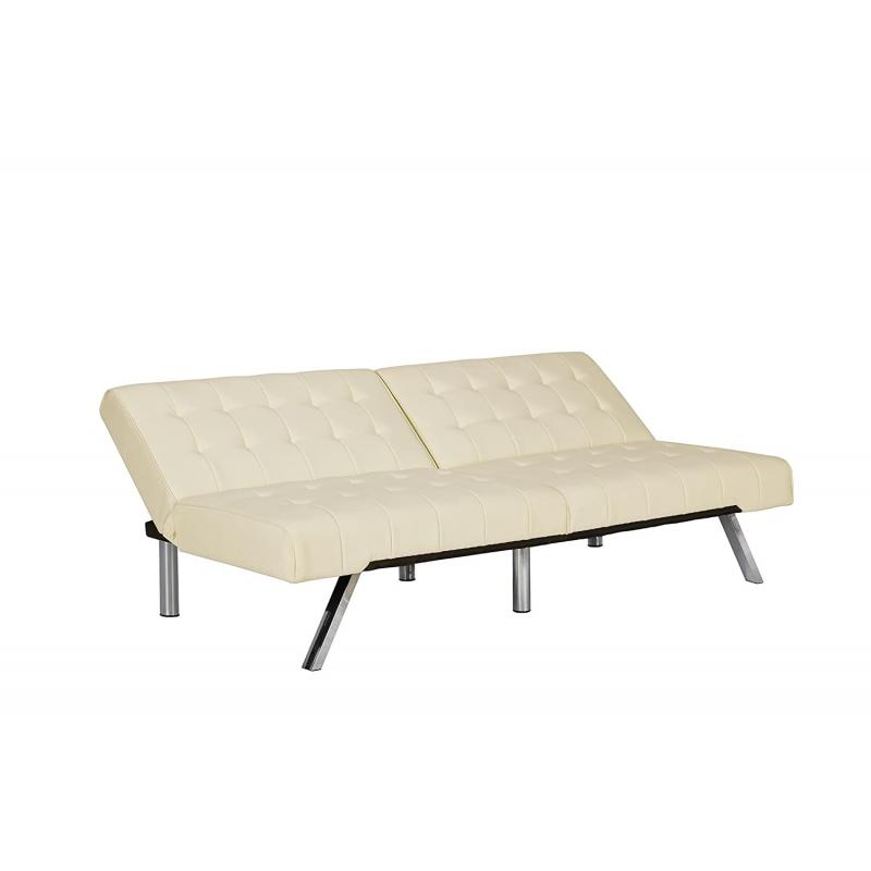 DHP Emily Futon Sofa Bed, Modern Convertible Couch With Chrome Legs Quickly Converts into a Bed, Rich Vanilla White Faux Leather