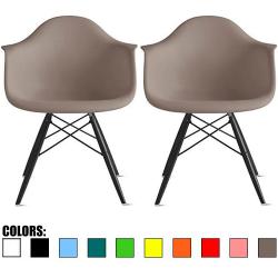 2xhome - Set of Two (2) Grey / Taupe - Eames Armchair Black Wood Legs Eiffel Dining Room Chair Arm Chair Arms Chairs Seats Wood Leg Dowel Leg Base Molded Plastic