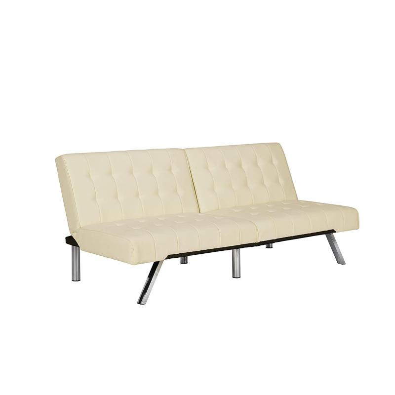 DHP Emily Futon Sofa Bed, Modern Convertible Couch With Chrome Legs Quickly Converts into a Bed, Rich Vanilla White Faux Leather