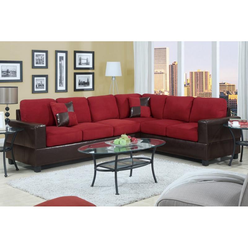 Divano Roma Furniture 2 Piece Classic Large Microfiber and Faux Leather Sectional Sofa with Matching Accent Pillows(Red)